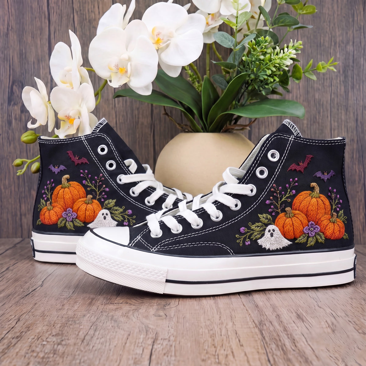Converse Hand Embroidered Pumpkin Ghost Bat Shoes | Cute Halloween High Top Sneakers | Spooky Floral Pumpkin Shoes | Halloween Gift