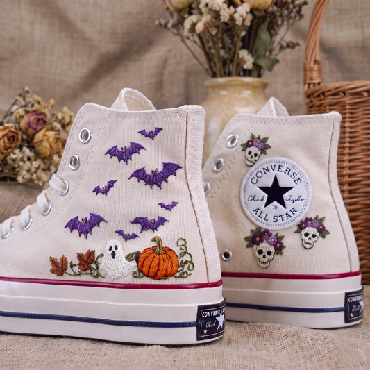 Converse Hand Embroidered Floral Skull Bat Pumpkin Shoes | Halloween High Top Sneakers | Spooky Autumn Shoes | Unique Halloween Gift