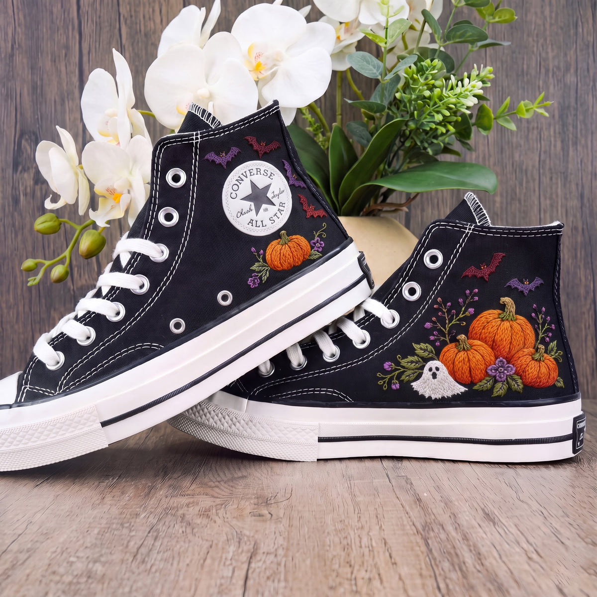 Converse Hand Embroidered Pumpkin Ghost Bat Shoes | Cute Halloween High Top Sneakers | Spooky Floral Pumpkin Shoes | Halloween Gift