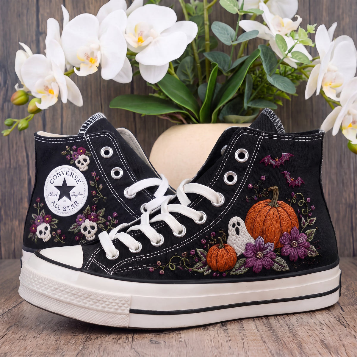 Converse Hand Embroidered Halloween Shoes | Pumpkin Ghost Bat Sneakers | Floral Skull High Tops | Spooky Gothic Gift