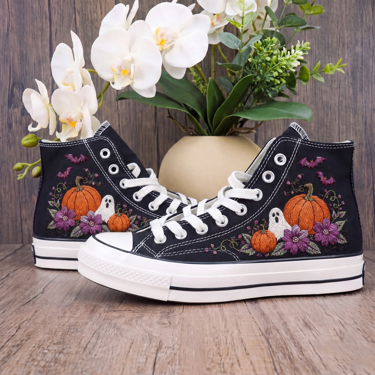 Converse Hand Embroidered Halloween Shoes | Pumpkin Ghost Bat Sneakers | Floral Skull High Tops | Spooky Gothic Gift
