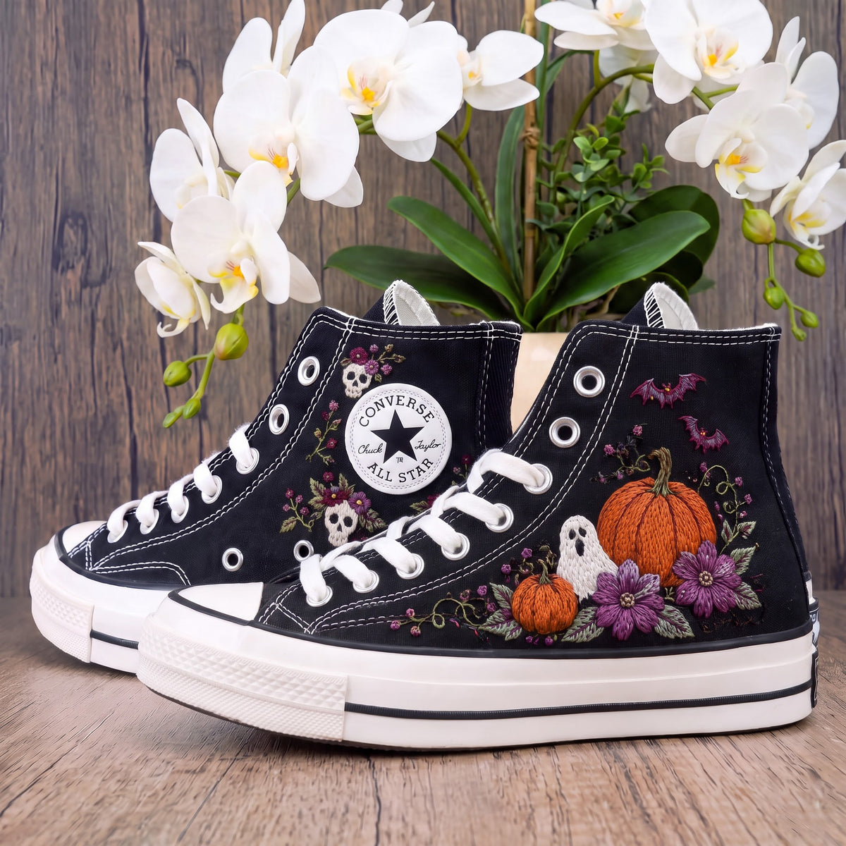Converse Hand Embroidered Halloween Shoes | Pumpkin Ghost Bat Sneakers | Floral Skull High Tops | Spooky Gothic Gift