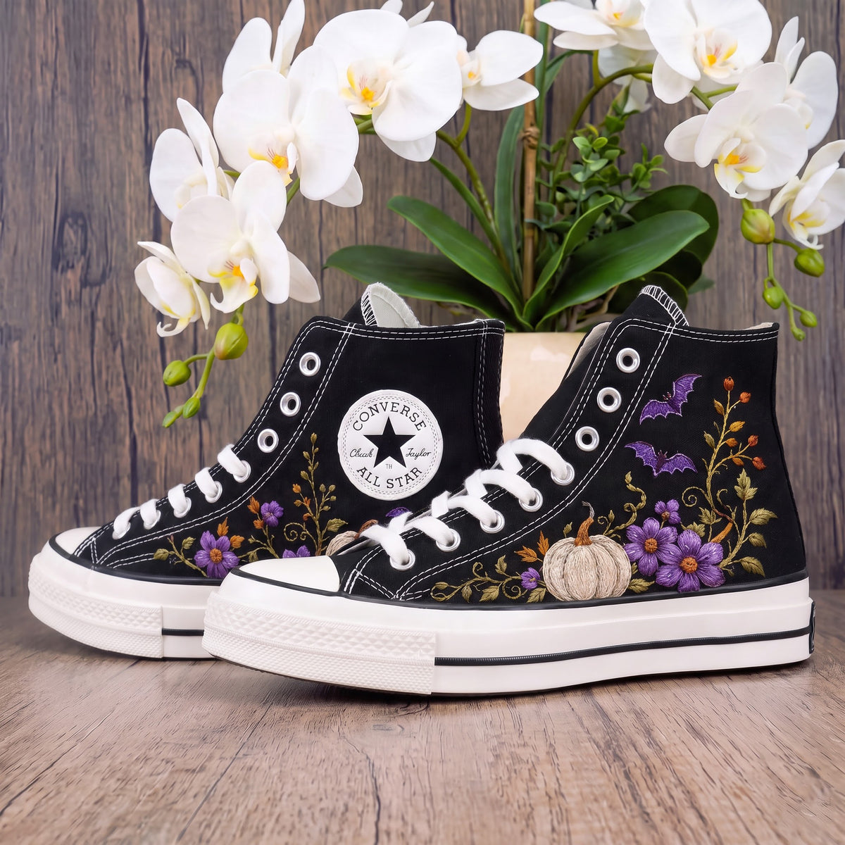 Converse Hand Embroidered White Pumpkin Bat Shoes | Purple Floral Halloween Sneakers | Autumn High Tops | Spooky Fall Gift