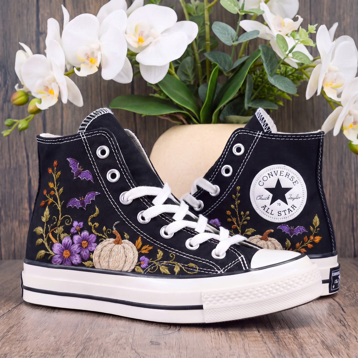 Converse Hand Embroidered White Pumpkin Bat Shoes | Purple Floral Halloween Sneakers | Autumn High Tops | Spooky Fall Gift