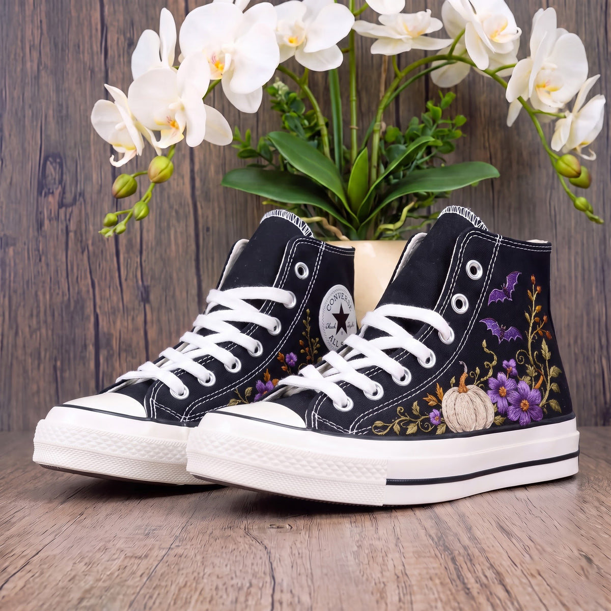 Converse Hand Embroidered White Pumpkin Bat Shoes | Purple Floral Halloween Sneakers | Autumn High Tops | Spooky Fall Gift