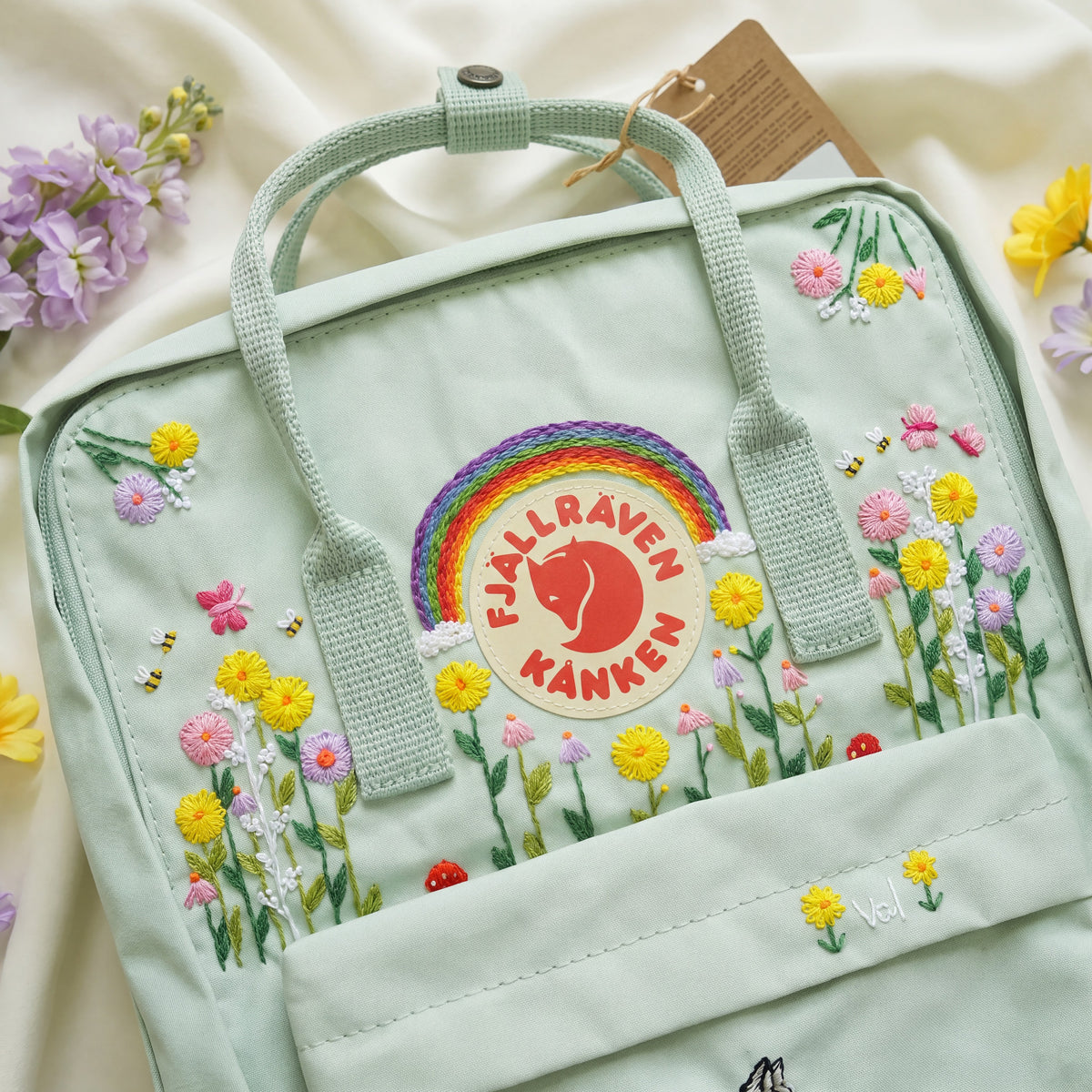 Fjallraven Kanken Hand Embroidered Cat Rainbow Backpack | Cute Floral Embroidered Backpack | Wildflower Bee Bag | Personalized Cat Gift