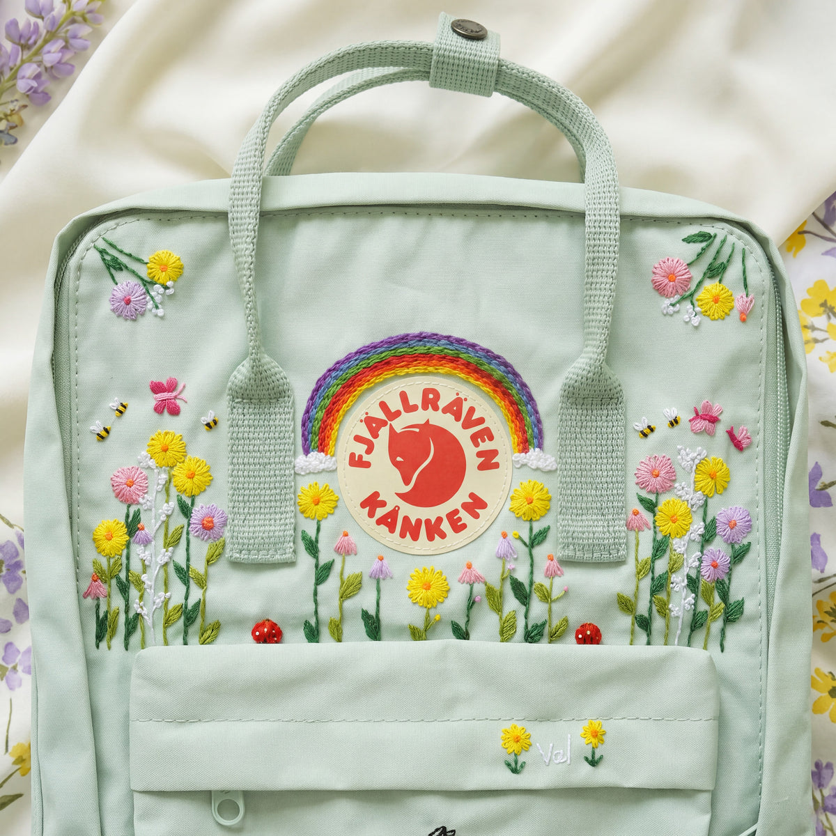 Fjallraven Kanken Hand Embroidered Cat Rainbow Backpack | Cute Floral Embroidered Backpack | Wildflower Bee Bag | Personalized Cat Gift