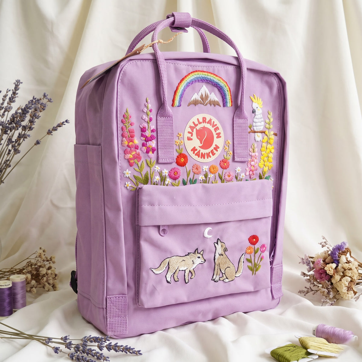 Hand Embroidered Fjallraven Kanken Wolf Backpack | Kanken Bag with Cockatoo, Snapdragon , Zinnia Flowers, Mountains & Rainbow | Custom Bag