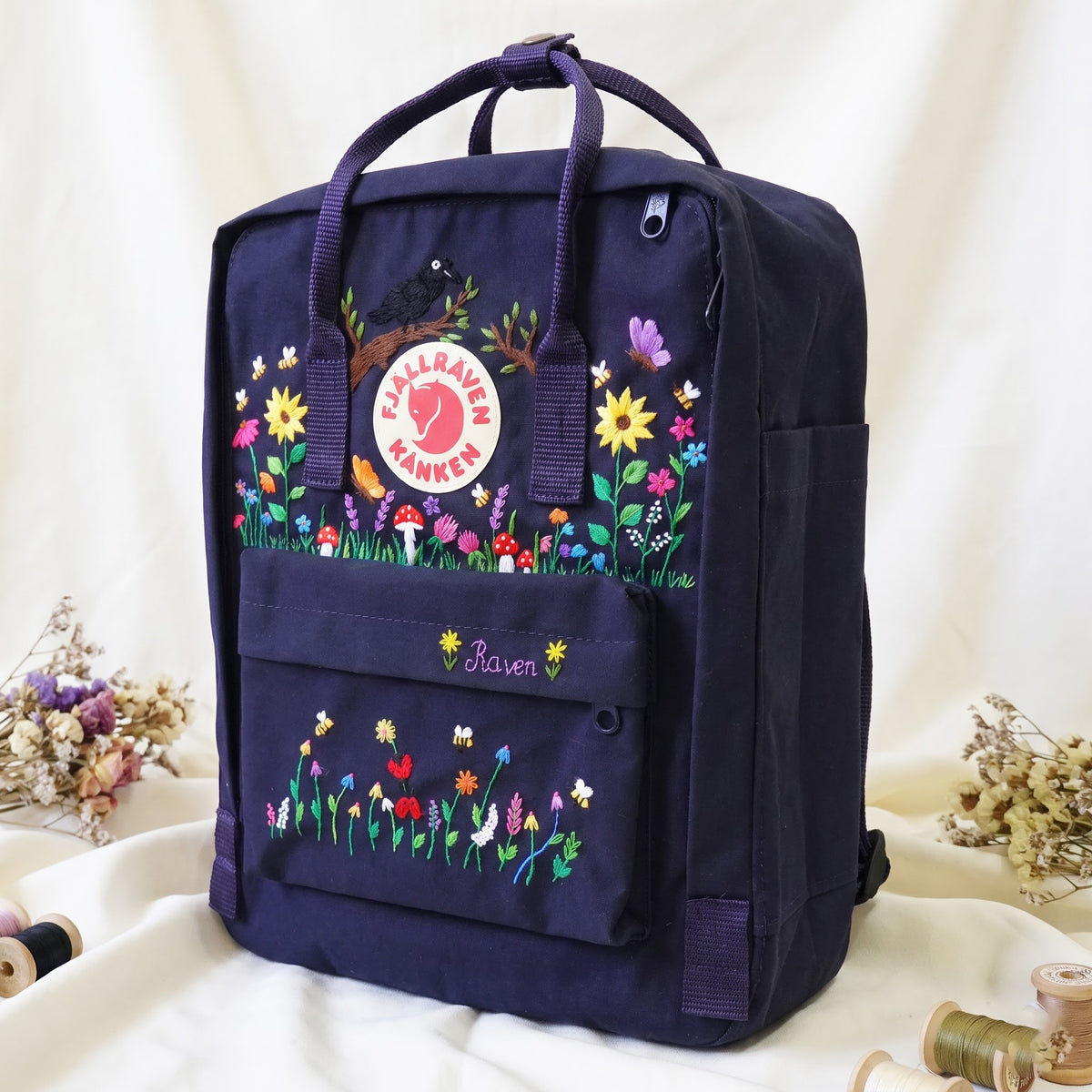 Hand Embroidered Fjallraven Kanken Raven Backpack | Sunflower Wildflower & Mushroom Kanken Bag | Custom Nature Lover Gift