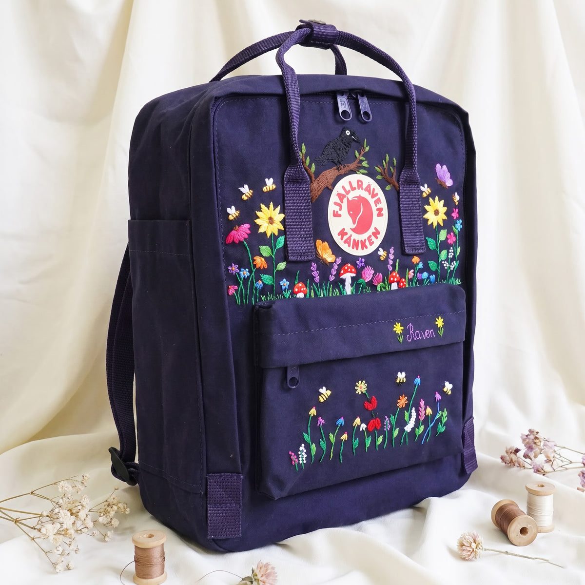 Hand Embroidered Fjallraven Kanken Raven Backpack | Sunflower Wildflower & Mushroom Kanken Bag | Custom Nature Lover Gift