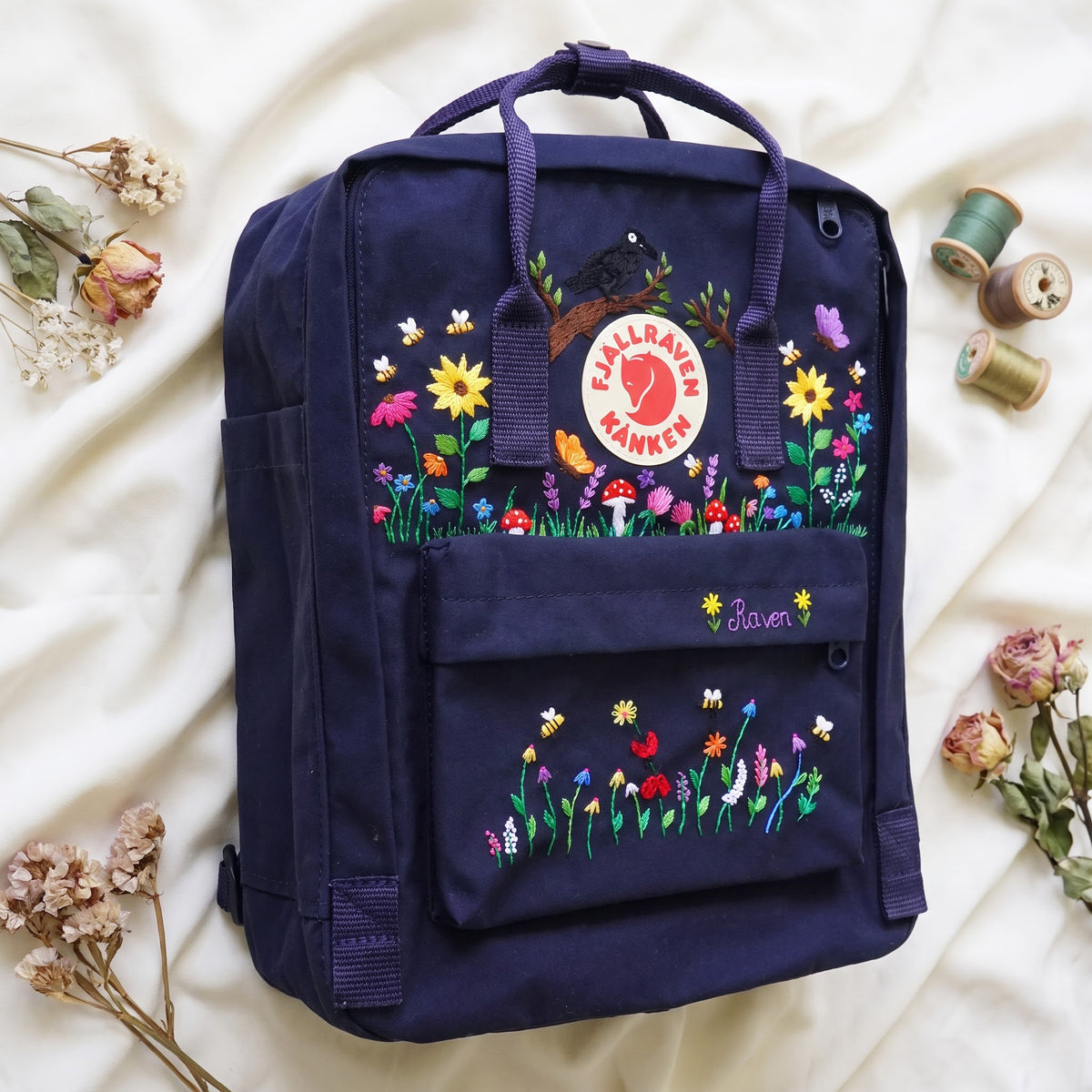 Hand Embroidered Fjallraven Kanken Raven Backpack | Sunflower Wildflower & Mushroom Kanken Bag | Custom Nature Lover Gift