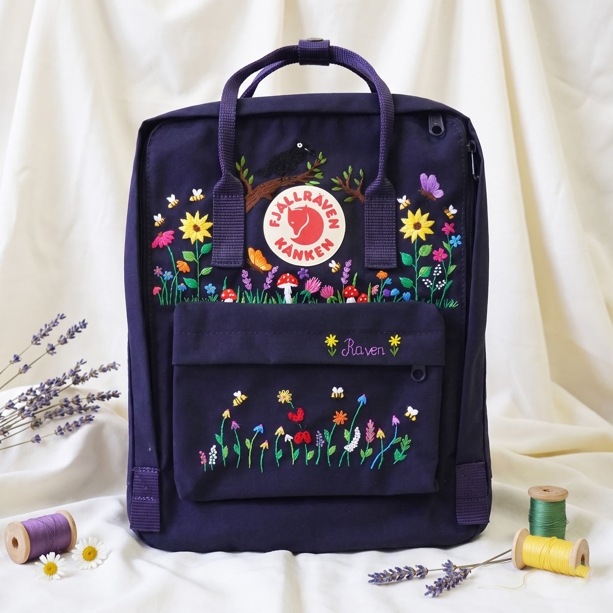 Hand Embroidered Fjallraven Kanken Raven Backpack | Sunflower Wildflower & Mushroom Kanken Bag | Custom Nature Lover Gift