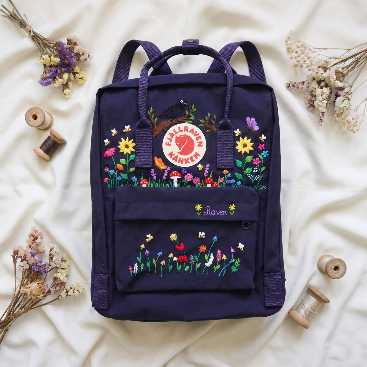 Hand Embroidered Fjallraven Kanken Raven Backpack | Sunflower Wildflower & Mushroom Kanken Bag | Custom Nature Lover Gift