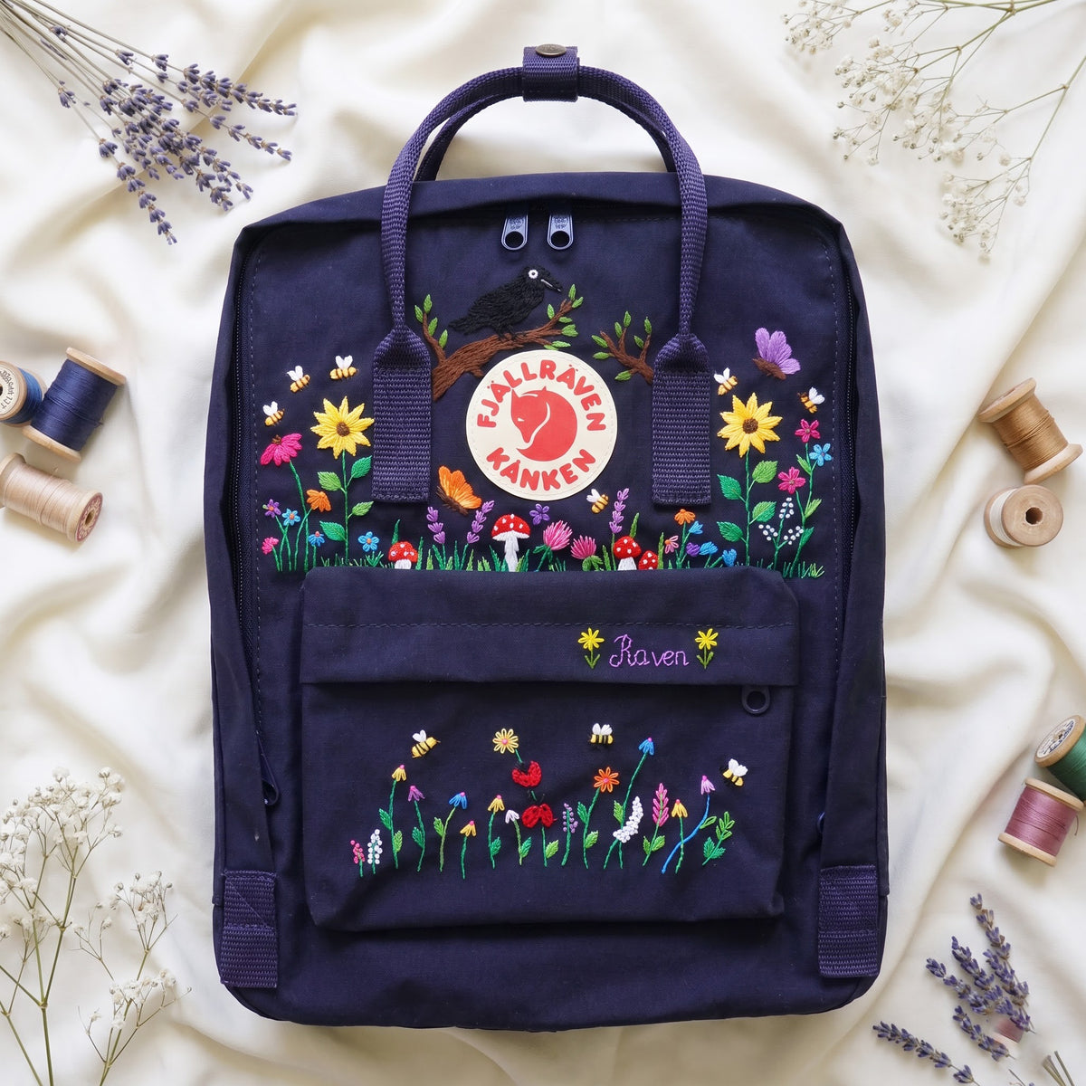 Hand Embroidered Fjallraven Kanken Raven Backpack | Sunflower Wildflower & Mushroom Kanken Bag | Custom Nature Lover Gift