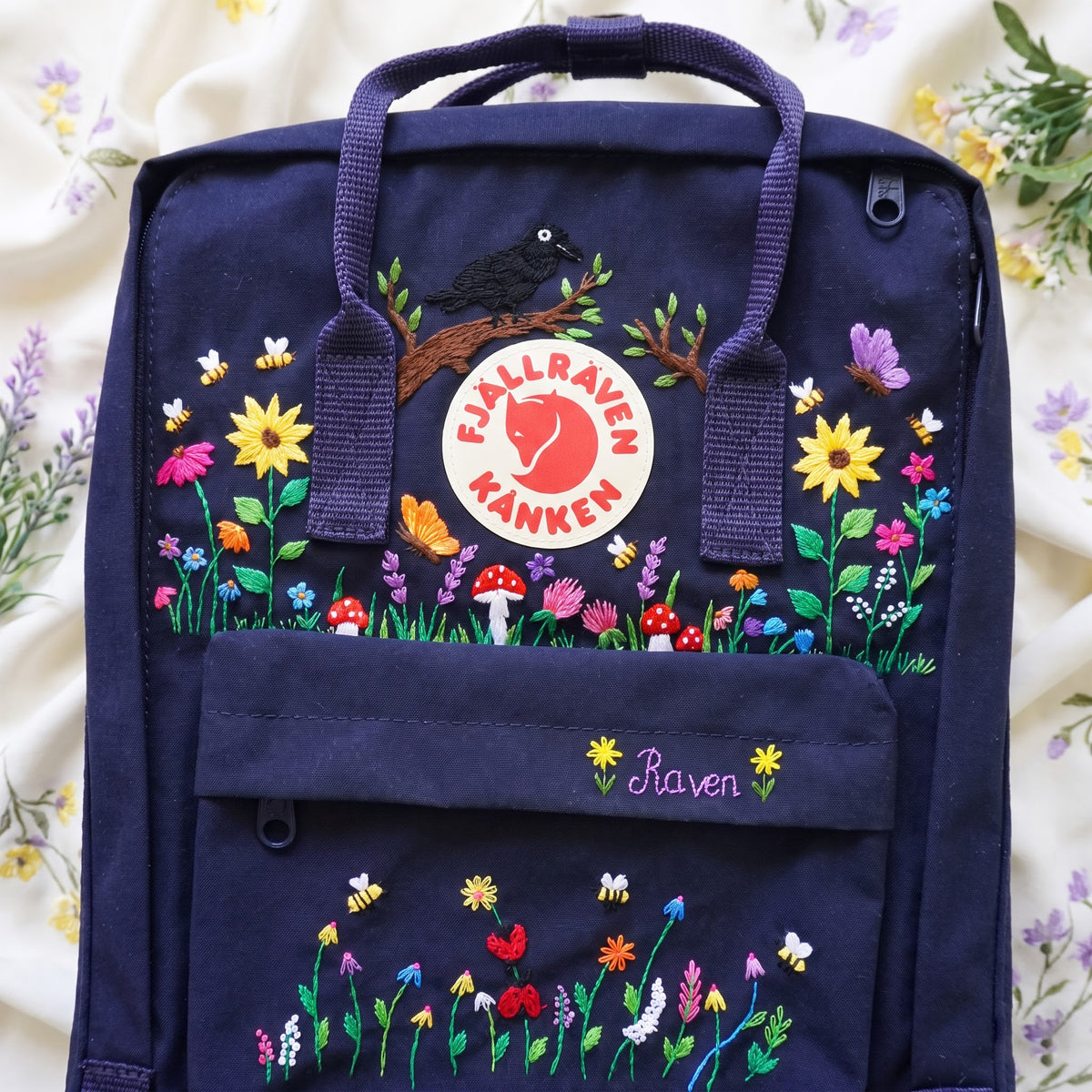 Hand Embroidered Fjallraven Kanken Raven Backpack | Sunflower Wildflower & Mushroom Kanken Bag | Custom Nature Lover Gift
