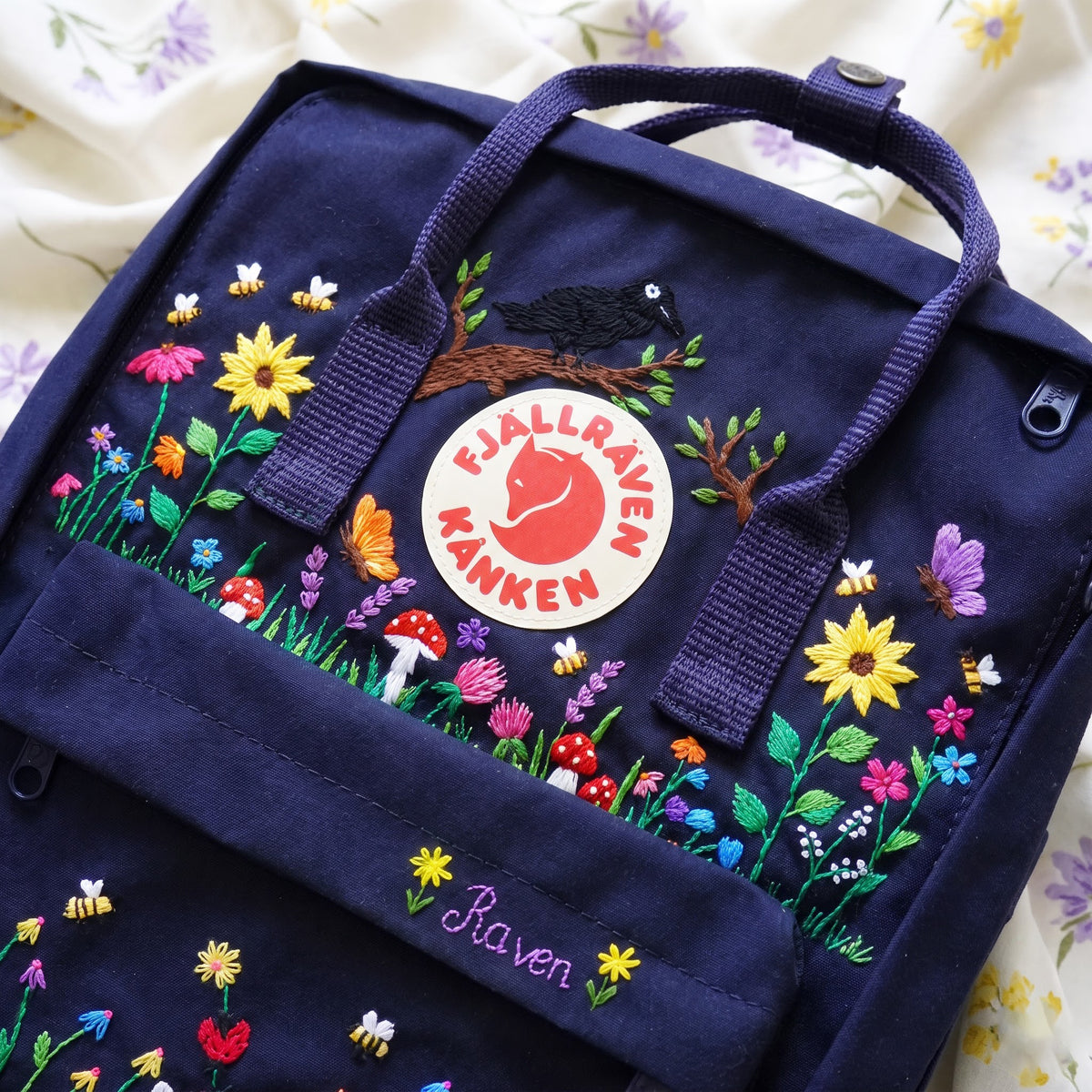 Hand Embroidered Fjallraven Kanken Raven Backpack | Sunflower Wildflower & Mushroom Kanken Bag | Custom Nature Lover Gift