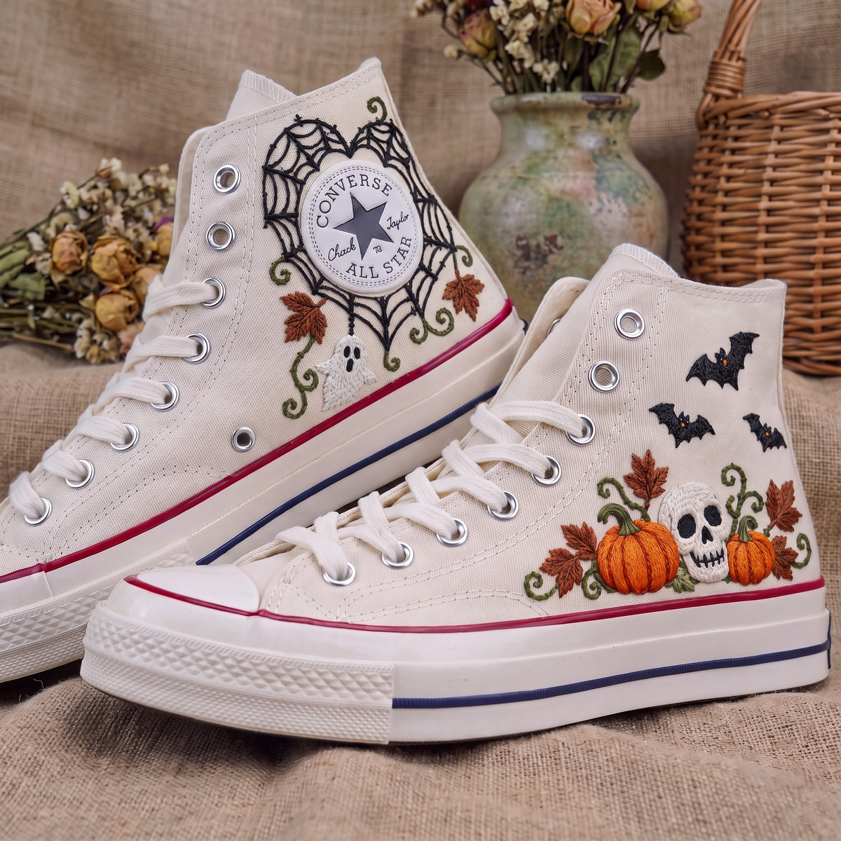 Converse Hand Embroidered Skull Pumpkin Bat Shoes | Halloween High Top Sneakers | Spooky Autumn Shoes | Unique Halloween Gift