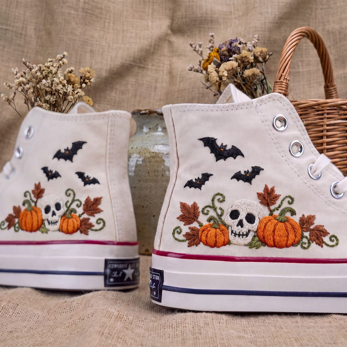 Converse Hand Embroidered Skull Pumpkin Bat Shoes | Halloween High Top Sneakers | Spooky Autumn Shoes | Unique Halloween Gift