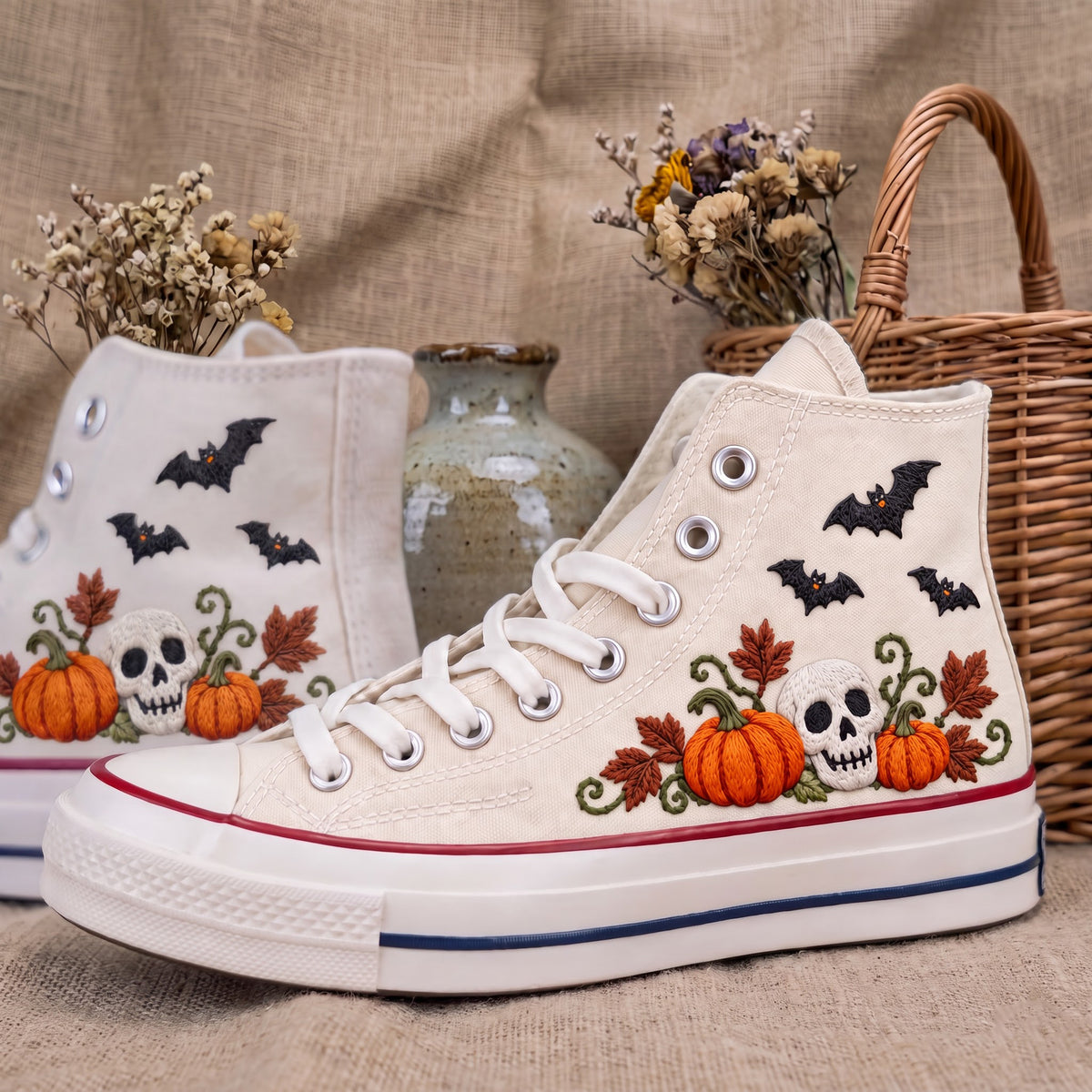 Converse Hand Embroidered Skull Pumpkin Bat Shoes | Halloween High Top Sneakers | Spooky Autumn Shoes | Unique Halloween Gift