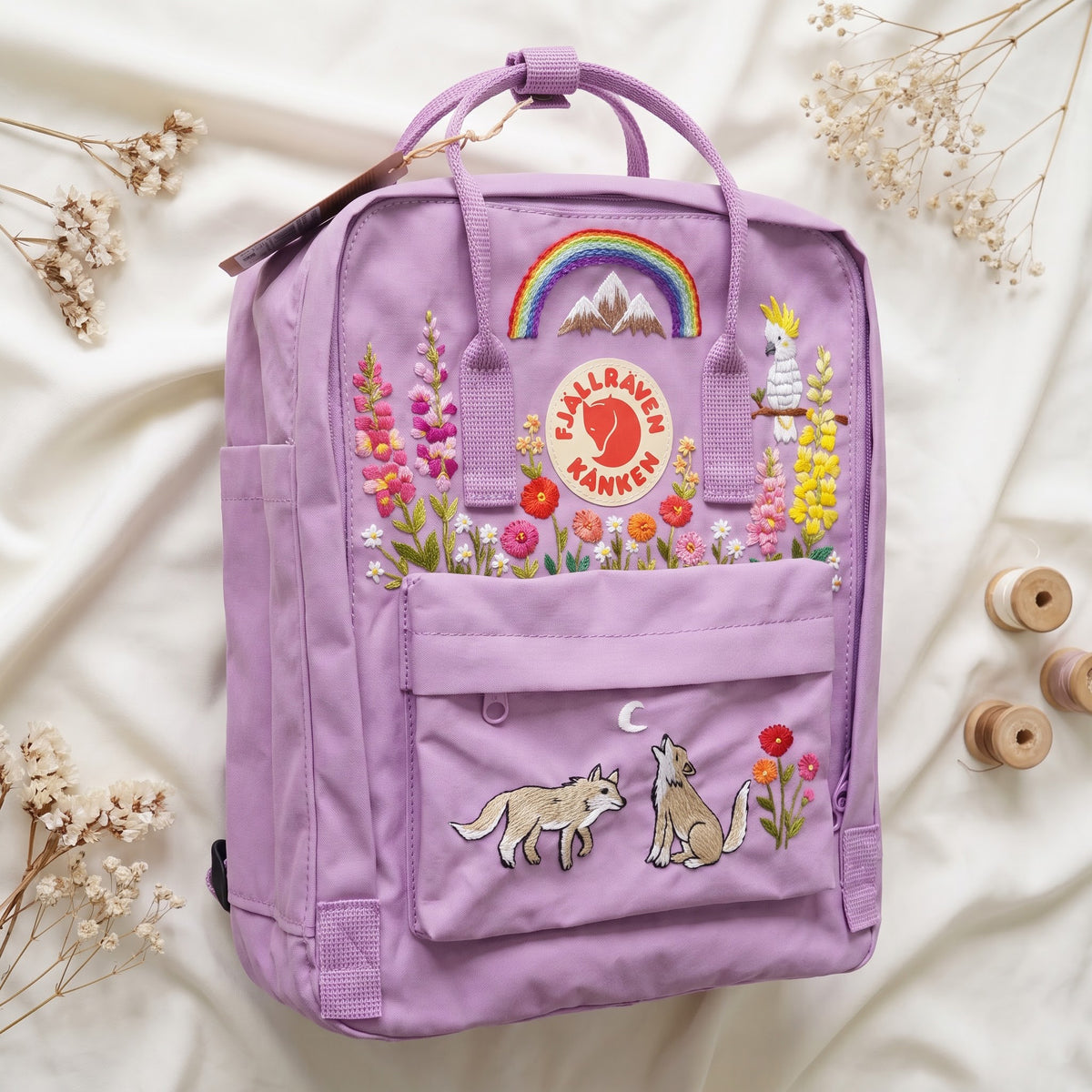 Hand Embroidered Fjallraven Kanken Wolf Backpack | Kanken Bag with Cockatoo, Snapdragon , Zinnia Flowers, Mountains & Rainbow | Custom Bag
