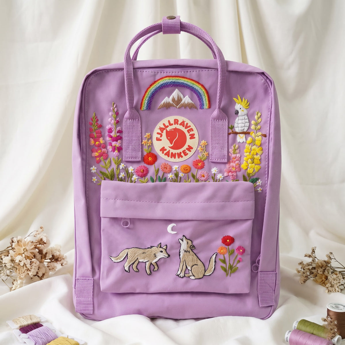 Hand Embroidered Fjallraven Kanken Wolf Backpack | Kanken Bag with Cockatoo, Snapdragon , Zinnia Flowers, Mountains & Rainbow | Custom Bag