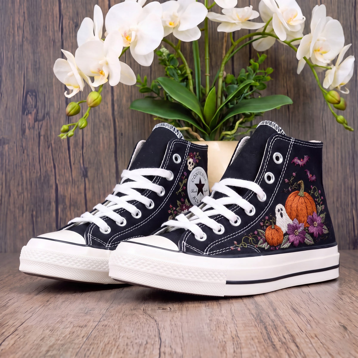 Converse Hand Embroidered Halloween Shoes | Pumpkin Ghost Bat Sneakers | Floral Skull High Tops | Spooky Gothic Gift
