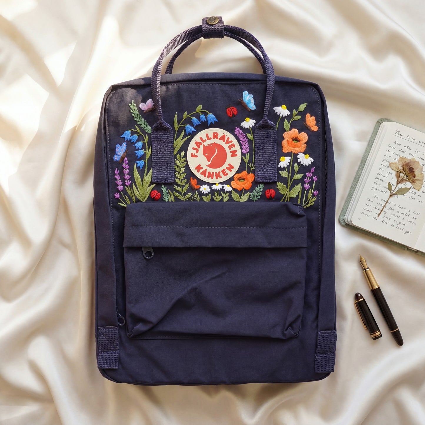 Fjallraven Kanken Wildflower Embroidered Backpack | Poppy Bluebell Daisy Floral Kanken Bag | Butterfly Ladybug Garden Design |Shool Backpack