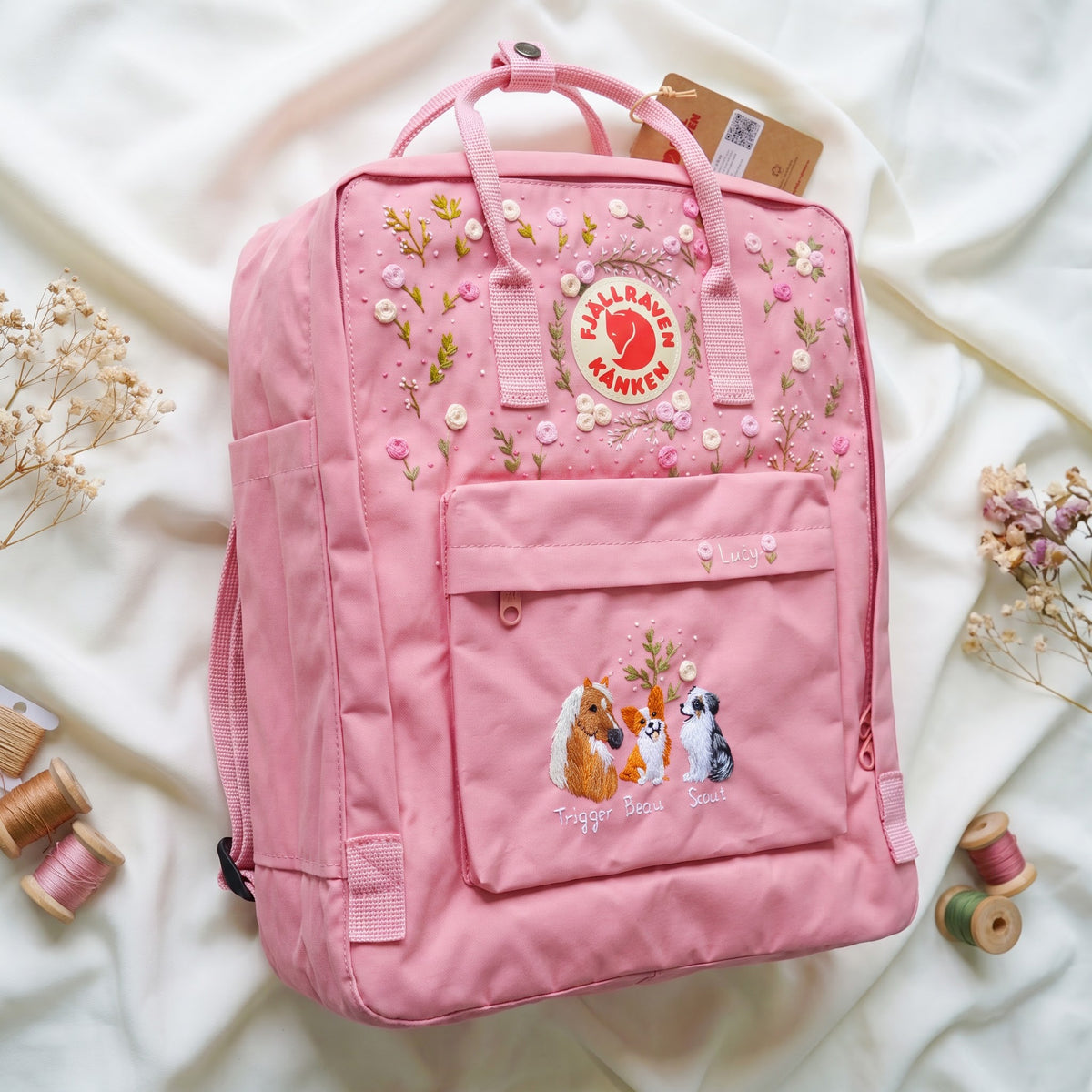 Hand Embroidered Fjallraven Kanken Pet Portrait Backpack | Pink Rose Floral Kanken Bag | Custom Dog & Horse Embroidery Backpack