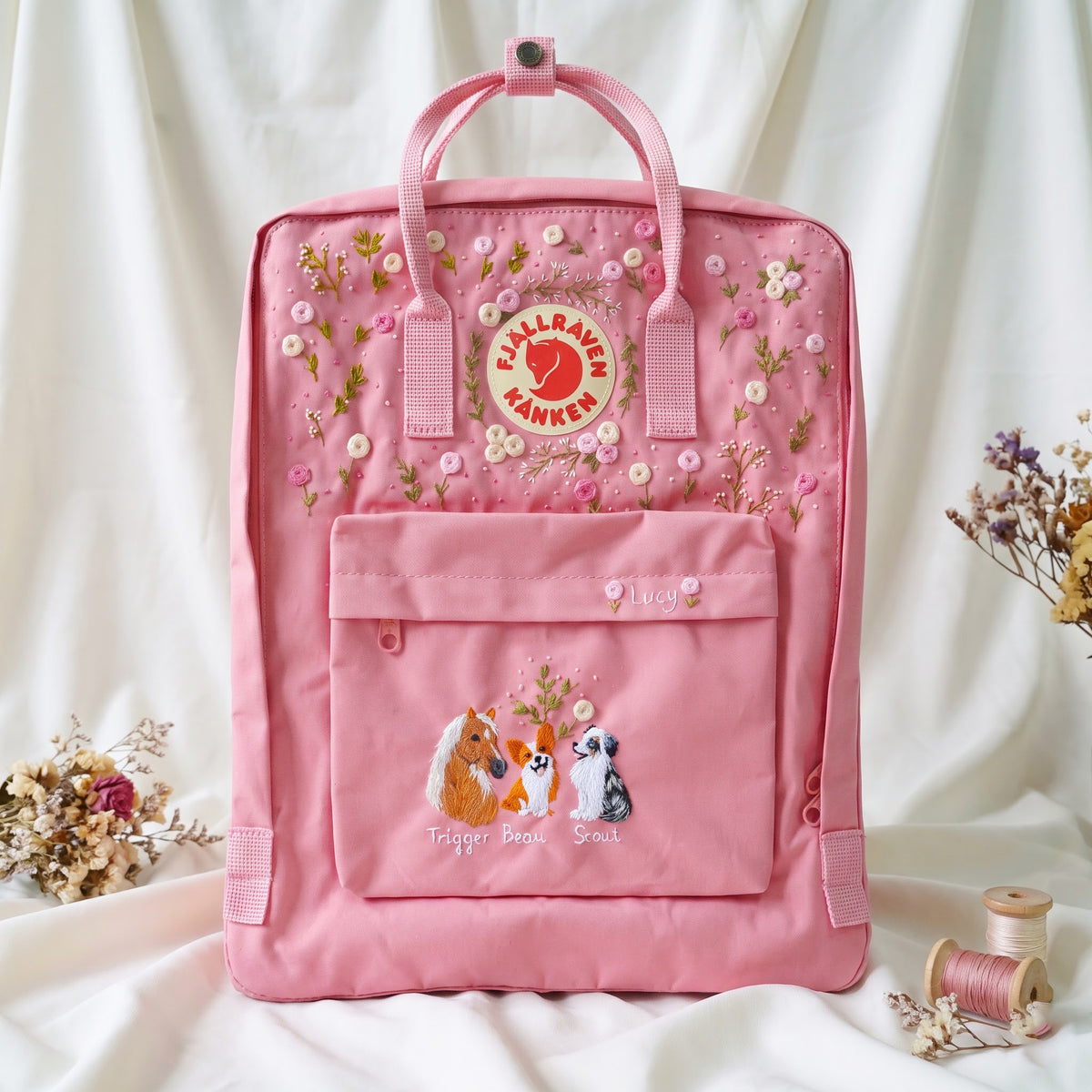 Hand Embroidered Fjallraven Kanken Pet Portrait Backpack | Pink Rose Floral Kanken Bag | Custom Dog & Horse Embroidery Backpack