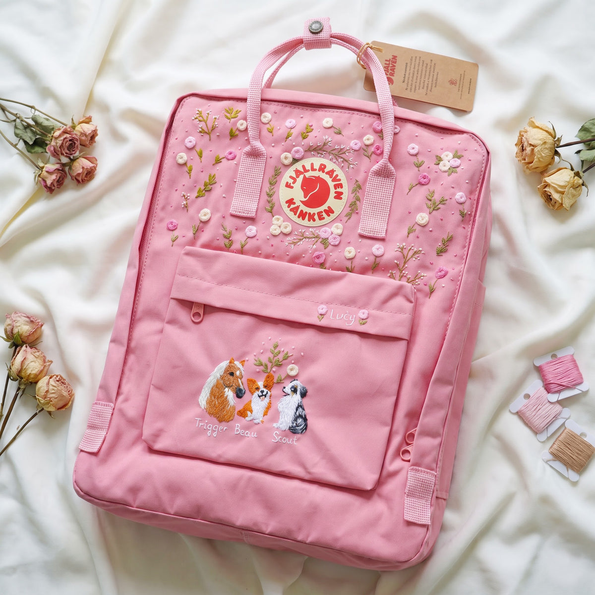 Hand Embroidered Fjallraven Kanken Pet Portrait Backpack | Pink Rose Floral Kanken Bag | Custom Dog & Horse Embroidery Backpack