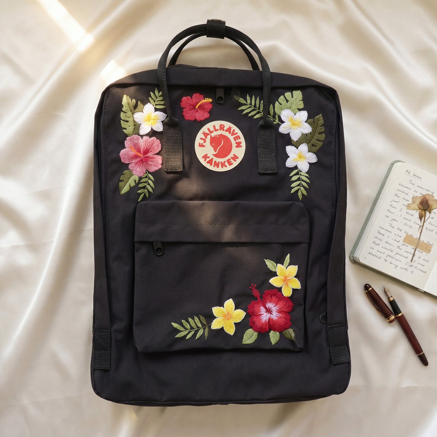 Tropical Floral Fjallraven Kanken Backpack | Hibiscus & Plumeria Embroidered Kanken Bag | Handmade Tropical Style Backpack| Travel Backpack