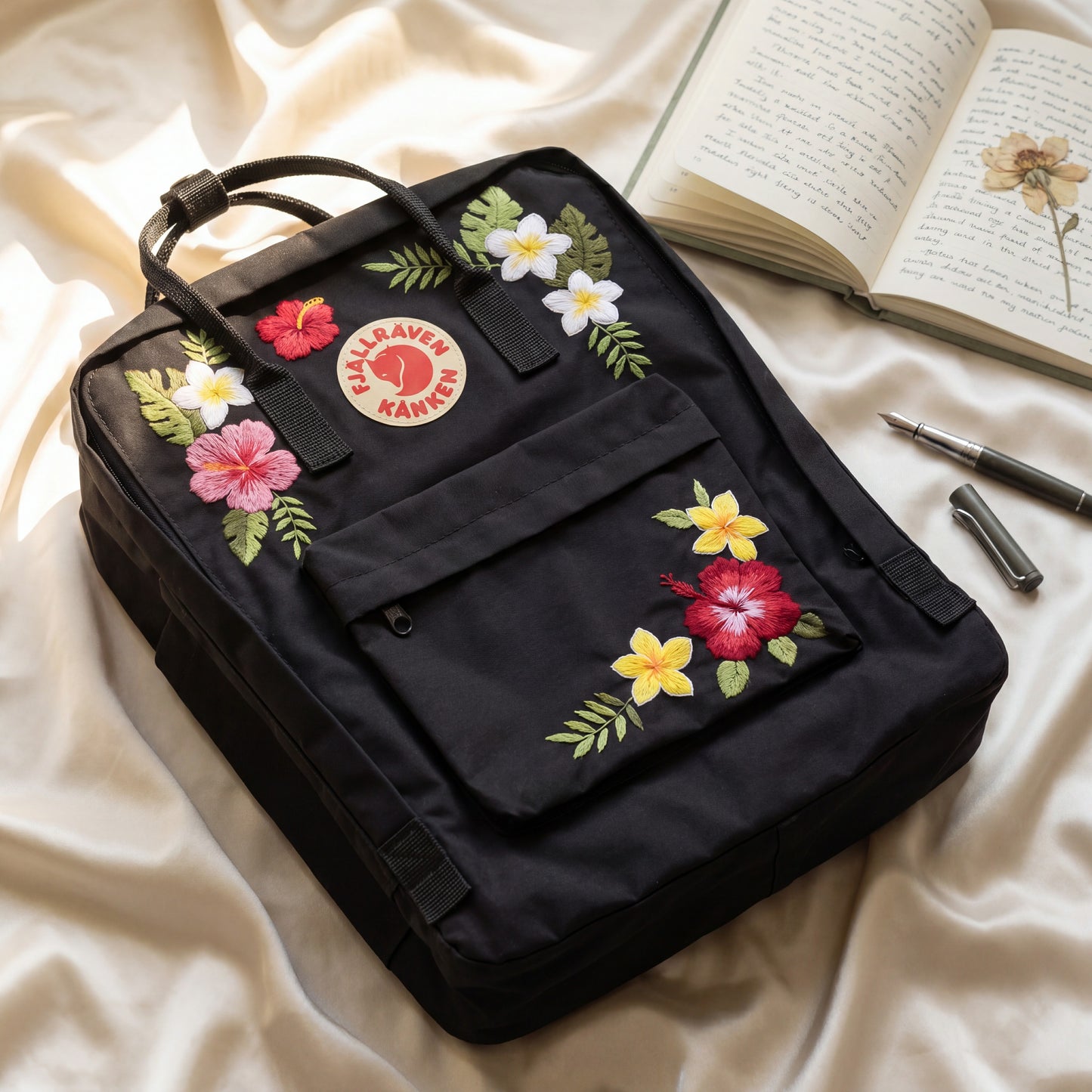 Tropical Floral Fjallraven Kanken Backpack | Hibiscus & Plumeria Embroidered Kanken Bag | Handmade Tropical Style Backpack| Travel Backpack