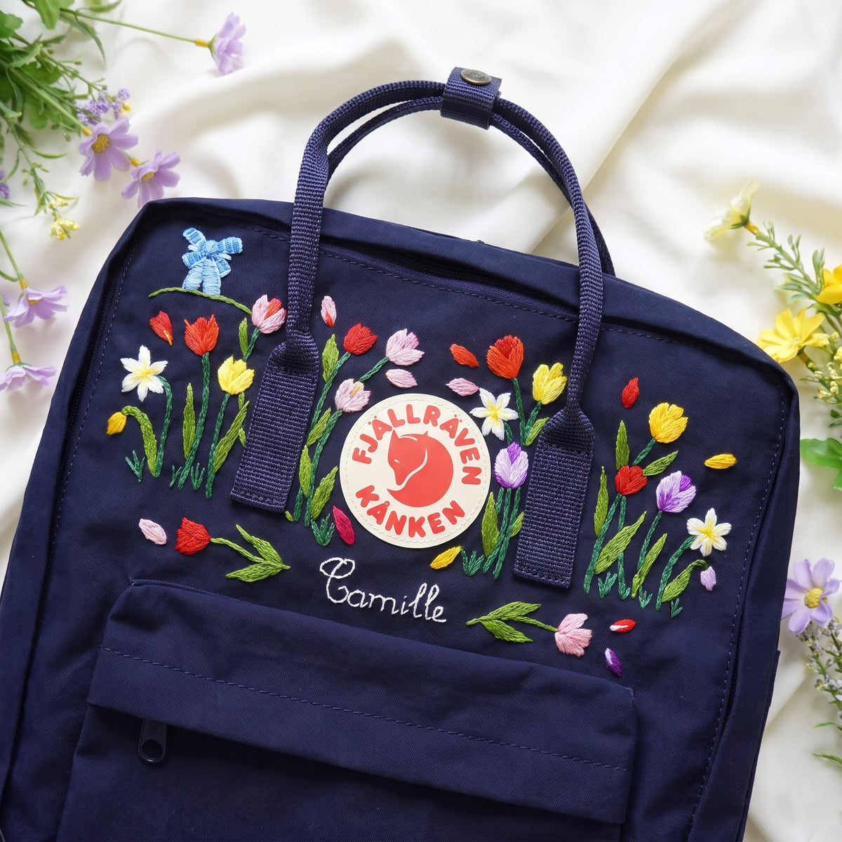 Fjällräven Kanken Regenbogen Bunter Gänseblümchen Bestickter Rucksack