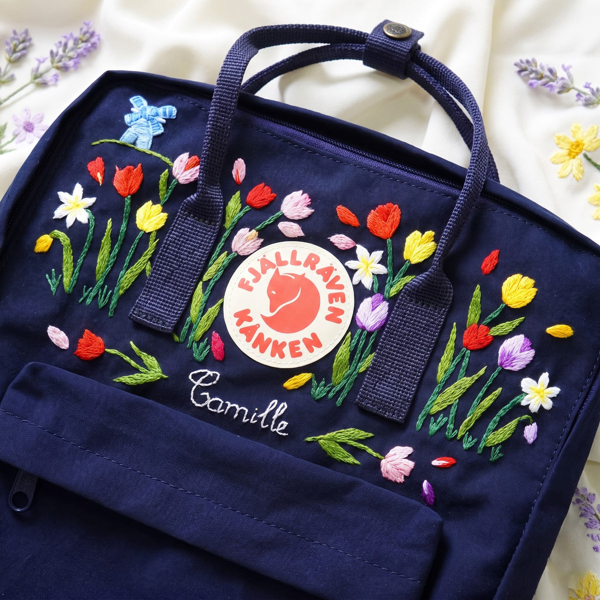 Fjällräven Kanken Regenbogen Bunter Gänseblümchen Bestickter Rucksack