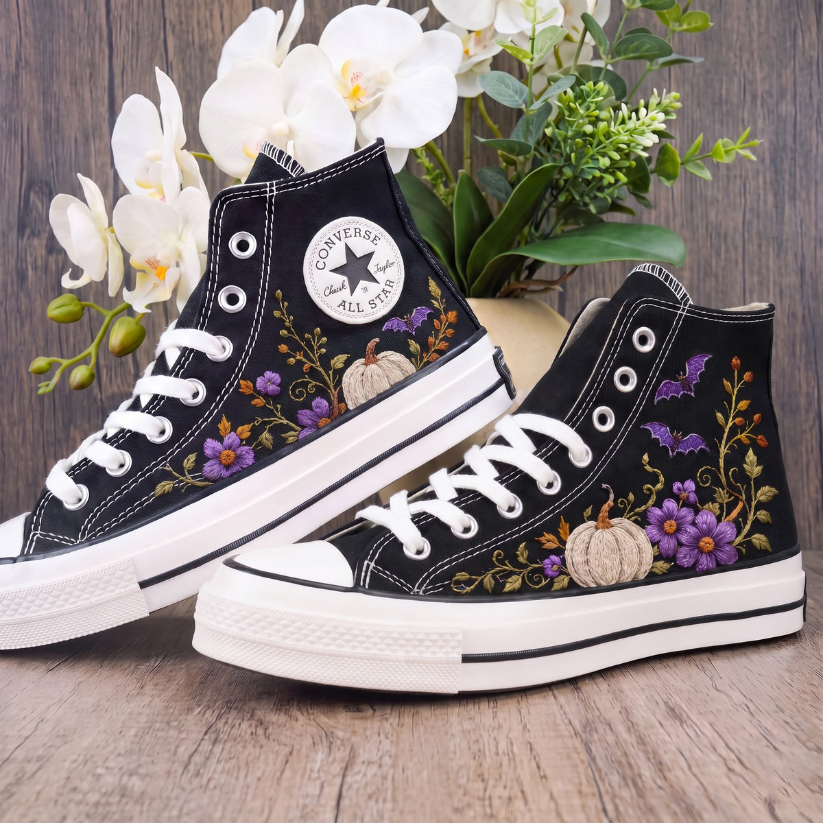 Converse Hand Embroidered White Pumpkin Bat Shoes | Purple Floral Halloween Sneakers | Autumn High Tops | Spooky Fall Gift
