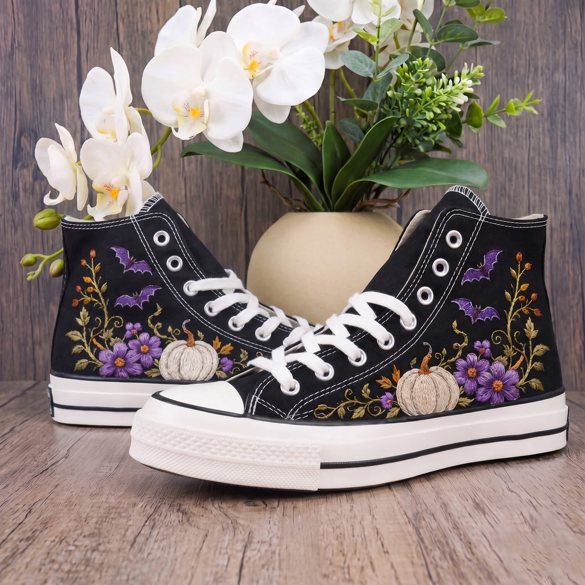 Converse Hand Embroidered White Pumpkin Bat Shoes | Purple Floral Halloween Sneakers | Autumn High Tops | Spooky Fall Gift