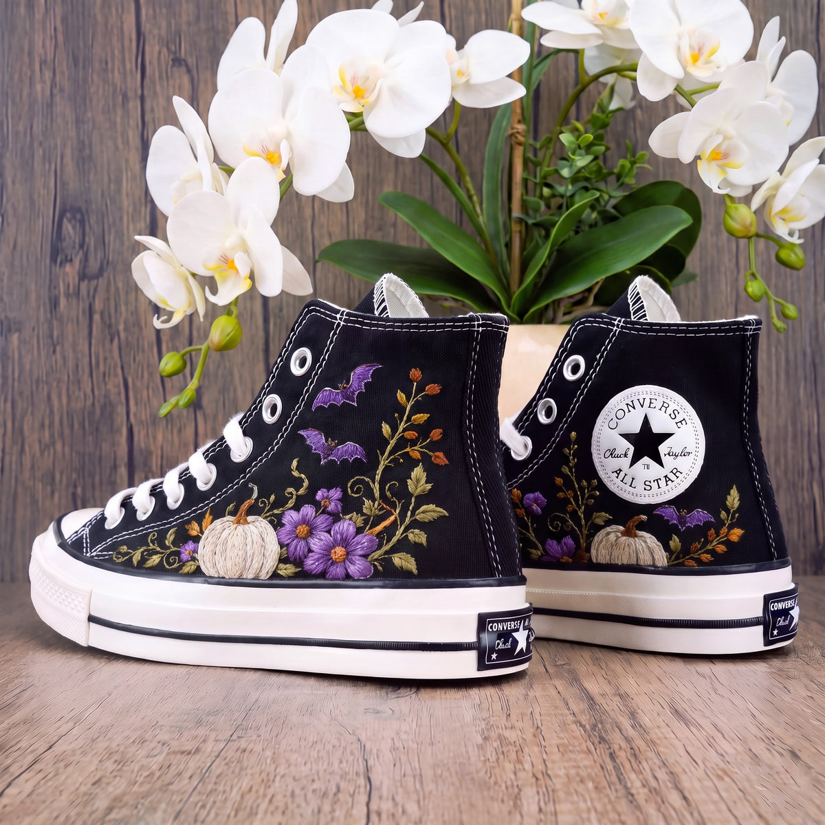 Converse Hand Embroidered White Pumpkin Bat Shoes | Purple Floral Halloween Sneakers | Autumn High Tops | Spooky Fall Gift