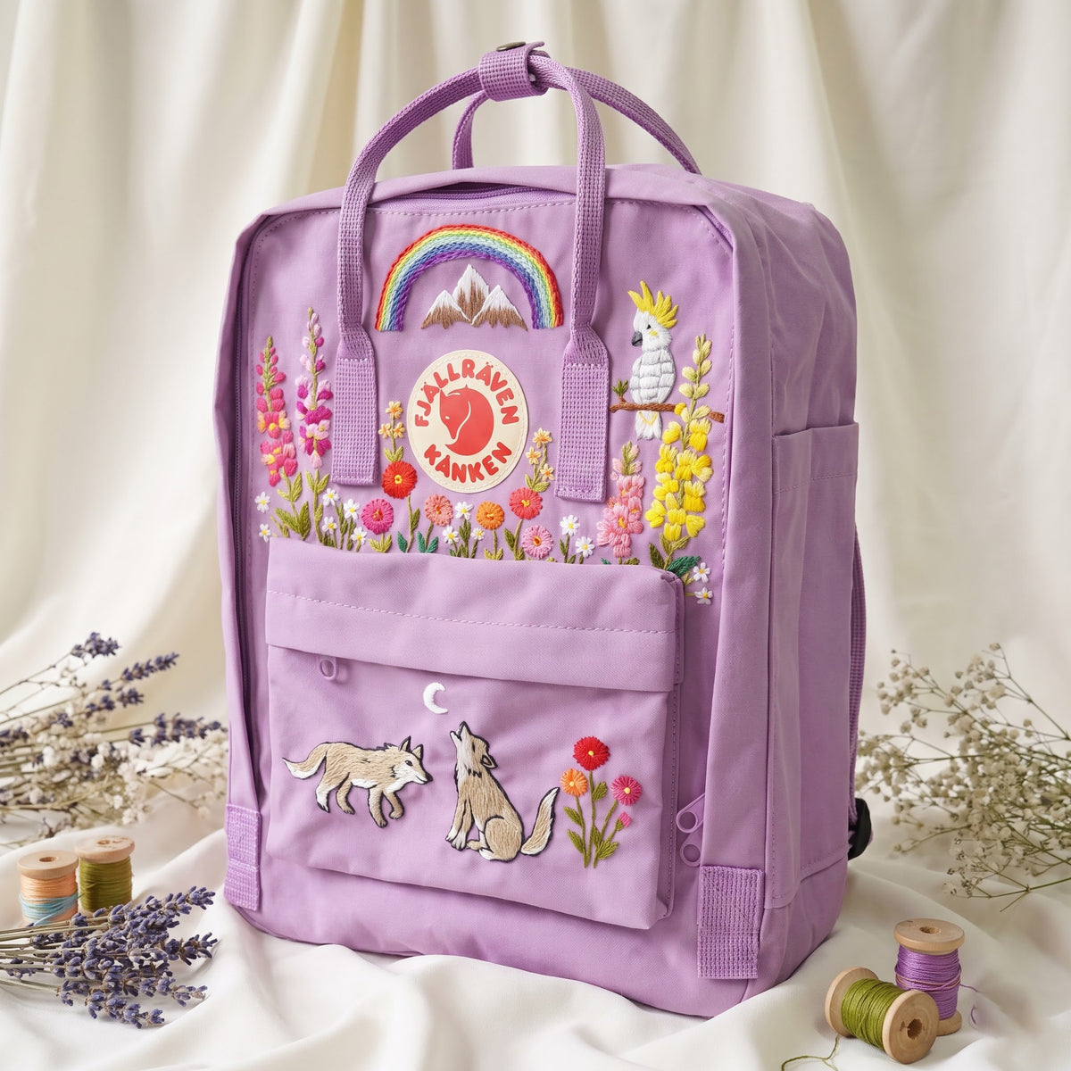 Hand Embroidered Fjallraven Kanken Wolf Backpack | Kanken Bag with Cockatoo, Snapdragon , Zinnia Flowers, Mountains & Rainbow | Custom Bag