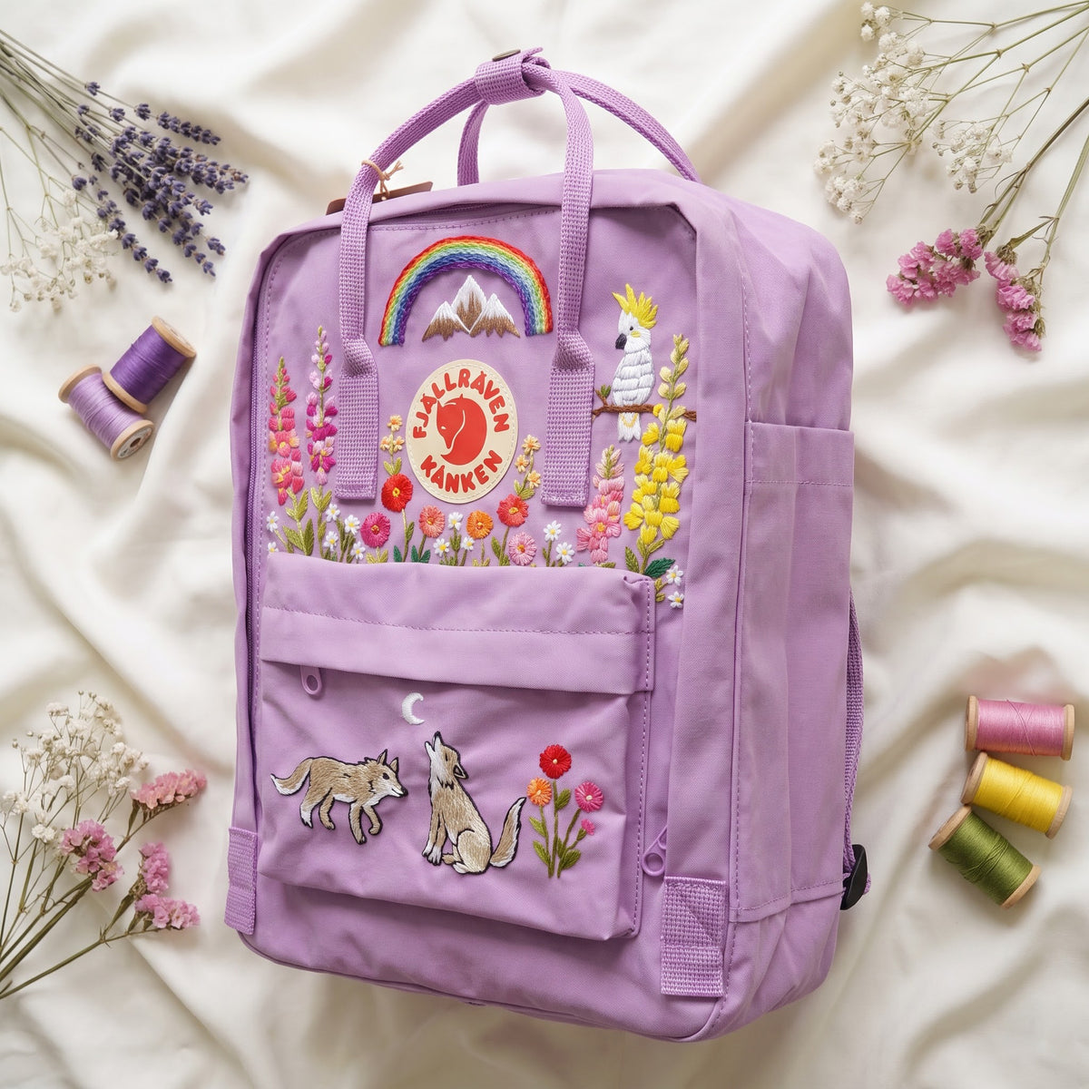 Hand Embroidered Fjallraven Kanken Wolf Backpack | Kanken Bag with Cockatoo, Snapdragon , Zinnia Flowers, Mountains & Rainbow | Custom Bag