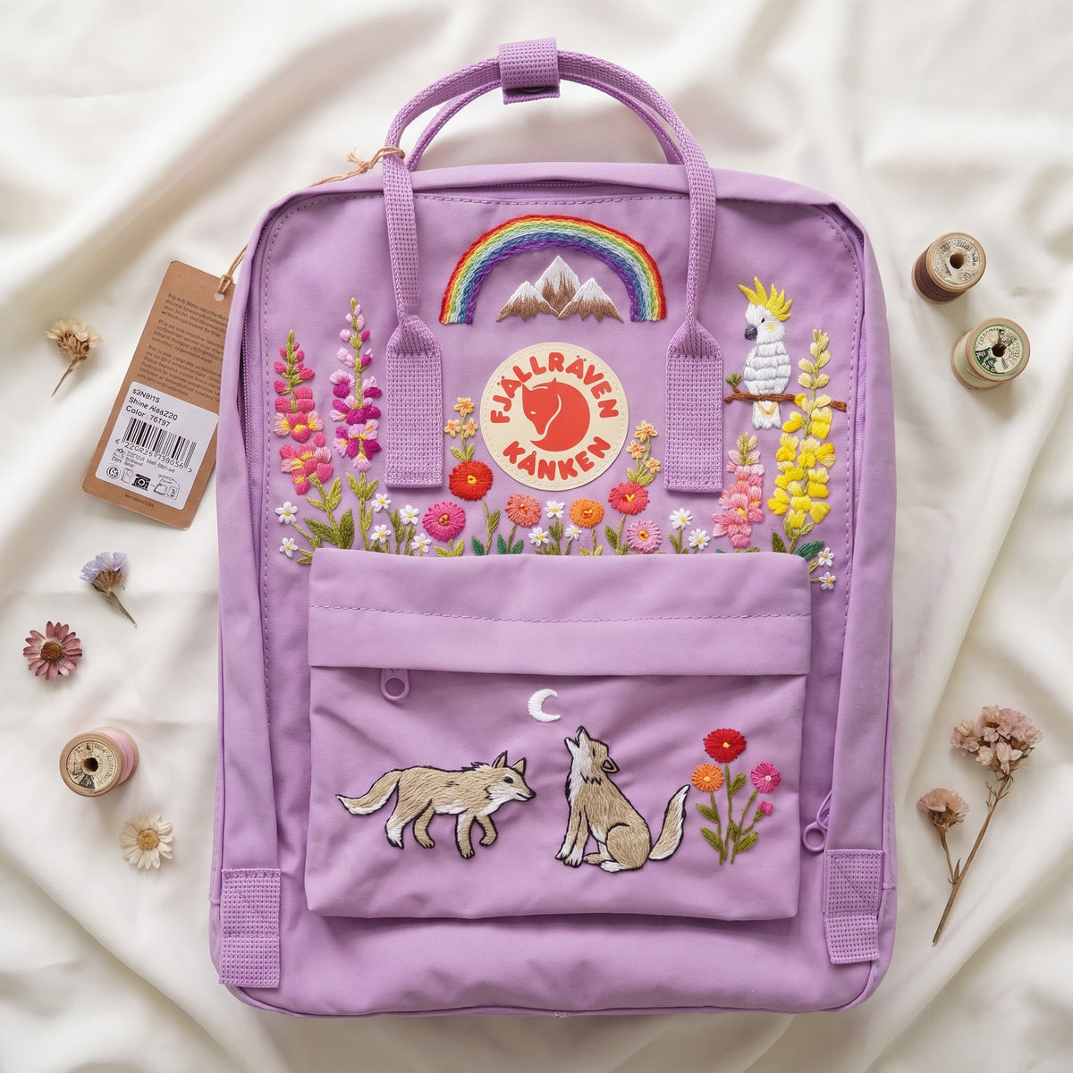 Hand Embroidered Fjallraven Kanken Wolf Backpack | Kanken Bag with Cockatoo, Snapdragon , Zinnia Flowers, Mountains & Rainbow | Custom Bag