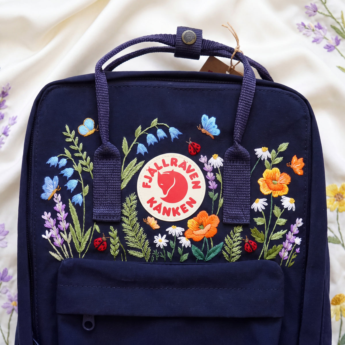 Fjallraven Kanken Wildflower Embroidered Backpack | Poppy Bluebell Daisy Floral Kanken Bag | Butterfly Ladybug Garden Design |Shool Backpack