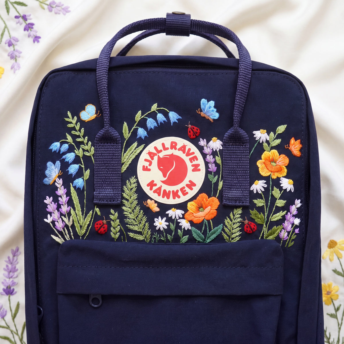 Fjallraven Kanken Wildflower Embroidered Backpack | Poppy Bluebell Daisy Floral Kanken Bag | Butterfly Ladybug Garden Design |Shool Backpack