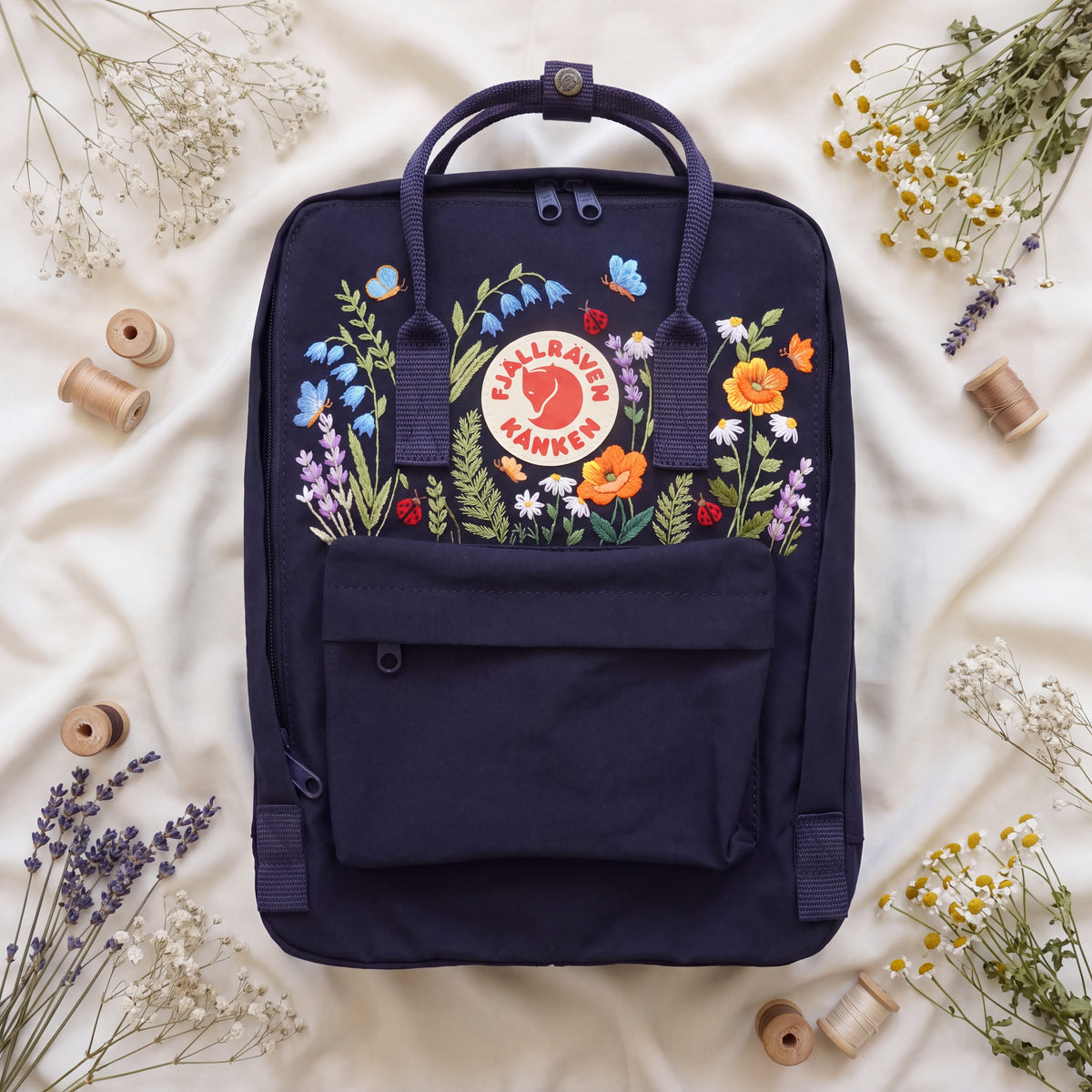 Fjallraven Kanken Wildflower Embroidered Backpack | Poppy Bluebell Daisy Floral Kanken Bag | Butterfly Ladybug Garden Design |Shool Backpack