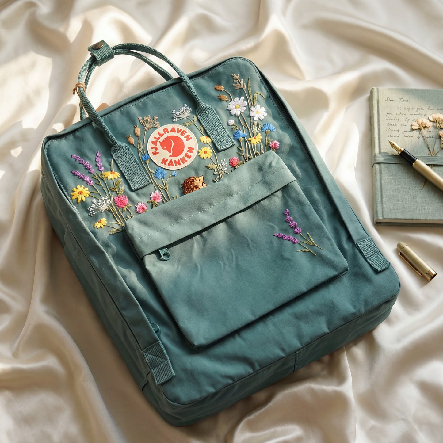 Custom Embroidered Fjallraven Kanken Backpack with Wildflowers & Hedgehog | Handmade School Backpack | Personalized Floral Travel Bag Gift