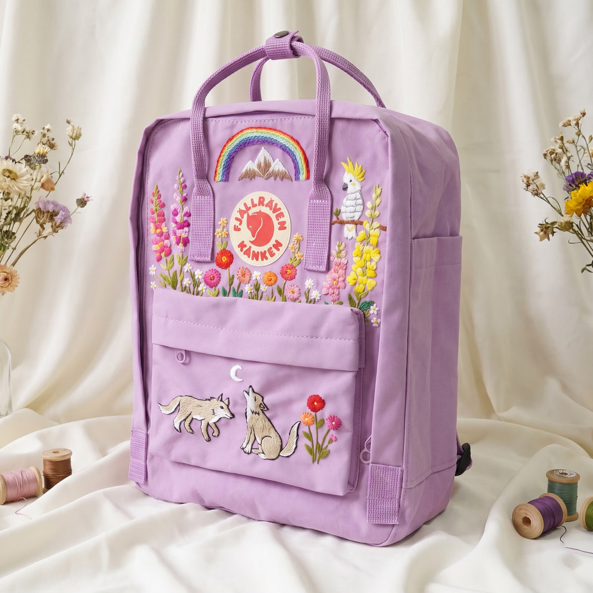 Hand Embroidered Fjallraven Kanken Wolf Backpack | Kanken Bag with Cockatoo, Snapdragon , Zinnia Flowers, Mountains & Rainbow | Custom Bag