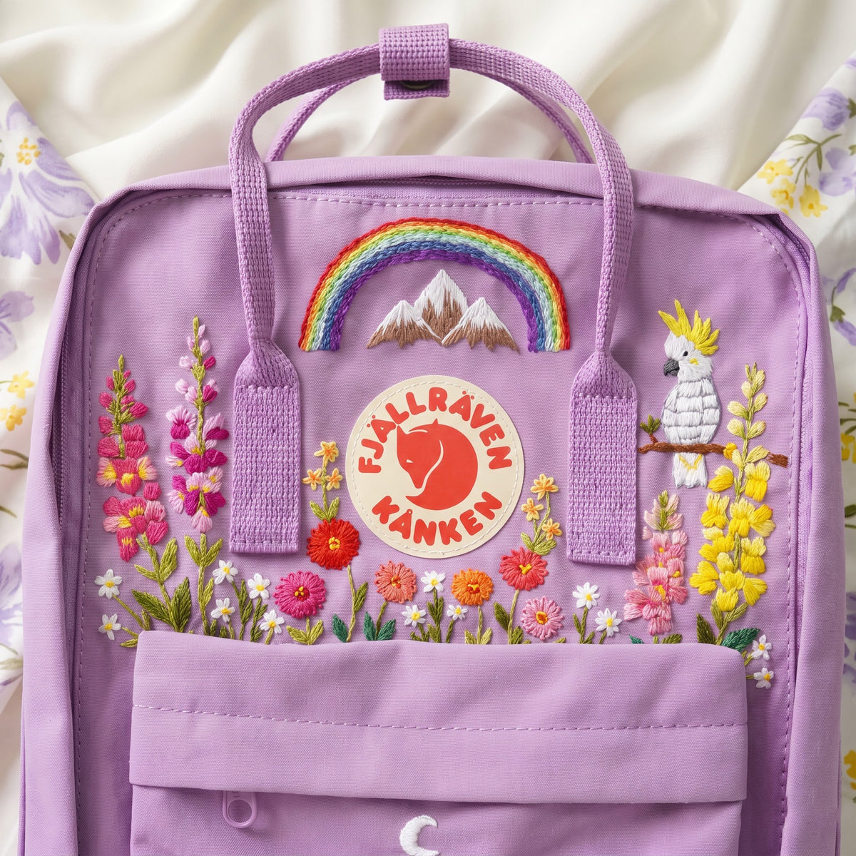 Hand Embroidered Fjallraven Kanken Wolf Backpack | Kanken Bag with Cockatoo, Snapdragon , Zinnia Flowers, Mountains & Rainbow | Custom Bag