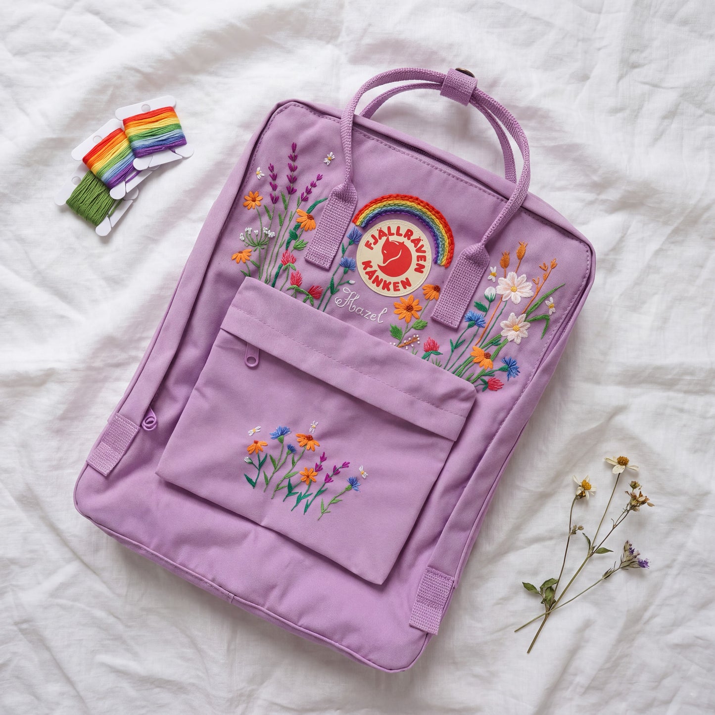 Custom Embroidered Fjallraven Kanken Backpack Wildflower | Fjallraven Kanken Travel Backpack| Handmade Cottagecore School Bag|Wildflower Bag