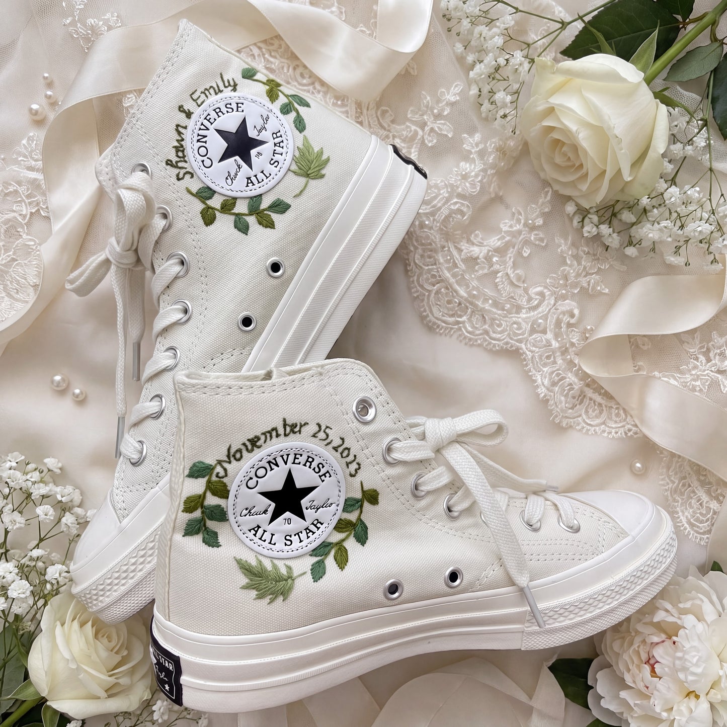 Hand Embroidered Botanical Bridal Converse Shoes | Custom Plant Lover Wedding Sneakers | Personalized White Converse Gift for Bride