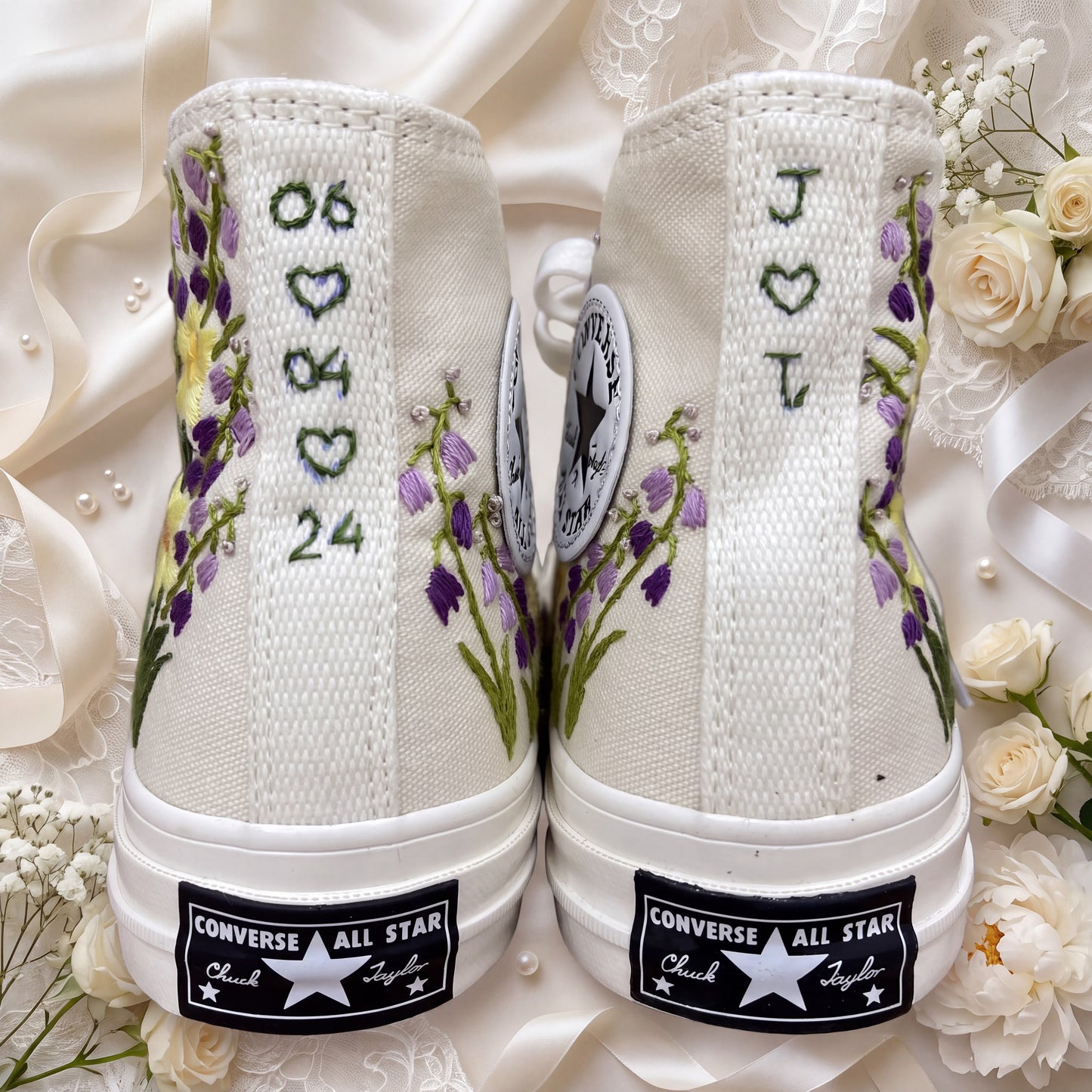 Hand Embroidered Bridal Converse Shoes | Custom Daffodil & Lavender Wedding Sneakers | Personalized White Converse Gift for Bride