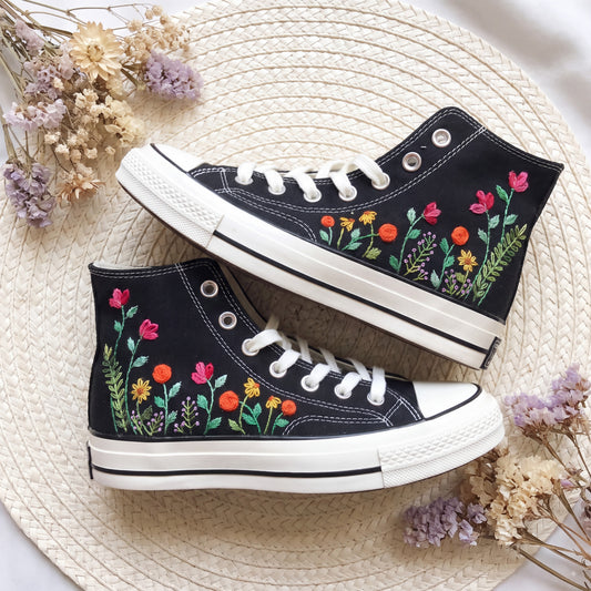 Hand Embroidered High Top Converse Shoes | Custom Rose Floral Sneakers | Personalized Black Canvas Converse Gift